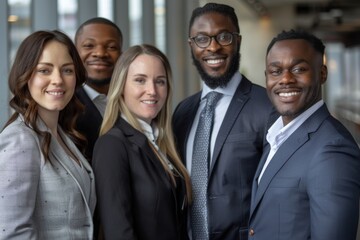 Obraz premium Business professionals smiling for photo in tall structure