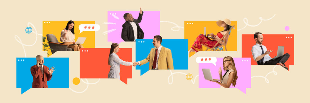 Banner. Contemporary art collage. Workers in various forms of virtual communication, including video calls, handshakes, and phone conversations. Concept of remote working and studying, work from home.