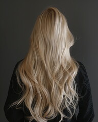 Naklejka premium A close-up of the back of a female hair model with long blonde wavy hair. Hair model, hair product advertisement, black studio background.
