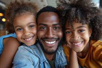 Man, kids smile in restaurant photo