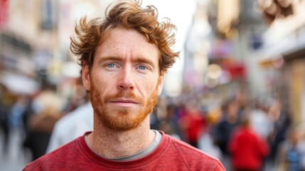 Fototapeta premium A tight shot of a bearded man in a red shirt, with a busy street scene of people walking in the background, featuring another man also wearing a red shirt