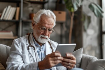 Fototapeta premium Scientist in lab coat utilizing tablet