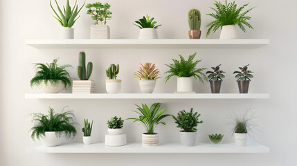 a sleek modern display with vibrant plants on white shelving. generative ai