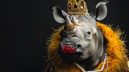Obraz premium A crowned rhinoceros wearing a luxurious outfit on a black background.