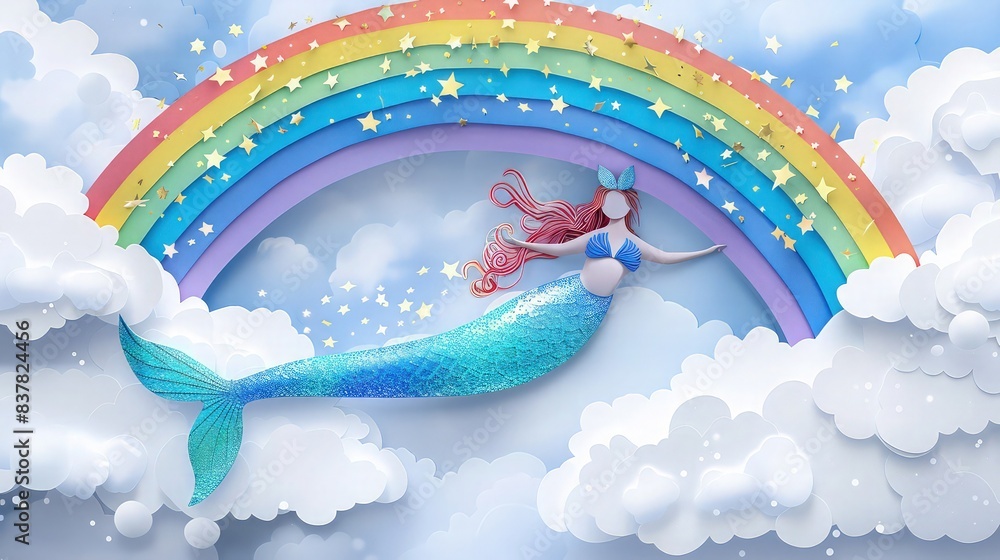 Poster an enchanting mermaid sliding down a rainbow through fluffy clouds, her shimmering tail creating a t