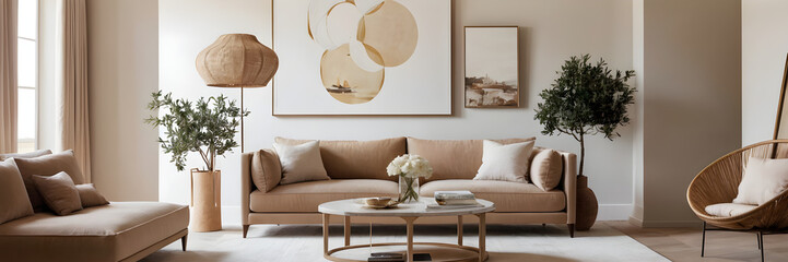 Entering a beautifully designed living room, flooded with natural light and adorned with earthy tones, evoking a feeling of peace and elegance