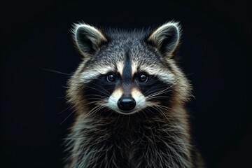 Fototapeta premium Mystic portrait of Cozumel Raccoon in studio, copy space on right side, Anger, Menacing, Headshot, Close-up View Isolated on black background