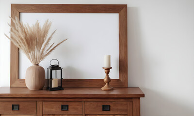 Interior designer decorating a wooden entryway table with a blank frame, a vase, a lantern, and a candle