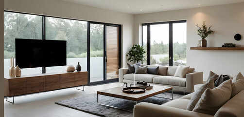 Unwinding in a sunny and spacious living area with cozy couches, savoring the natural scenery through large windows