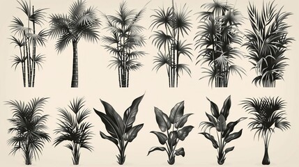 Collection of black and white s of various palm trees showcasing different species in a detailed, artistic style.