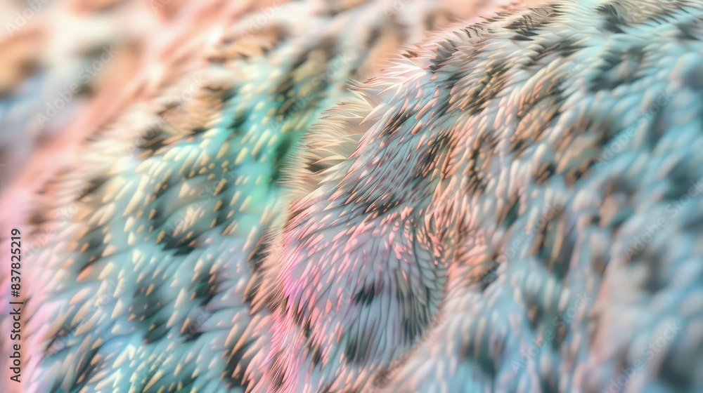 Poster an intricate close-up view of a leopard's coat with a pastel rainbow opal gradient pattern, the fur 