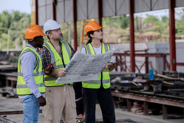 Engineer or foreman worker architecture  safety uniform survey at structure building site blueprint and tablet check detail and measure of common work is building architecture business concept.
