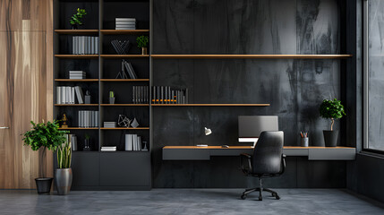 black minimalist office bookshelf The walls are wood and dark gray concrete.