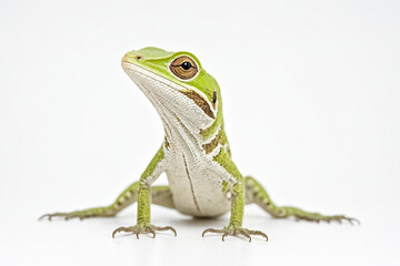 Green Lizard with White Stripes on a White Background