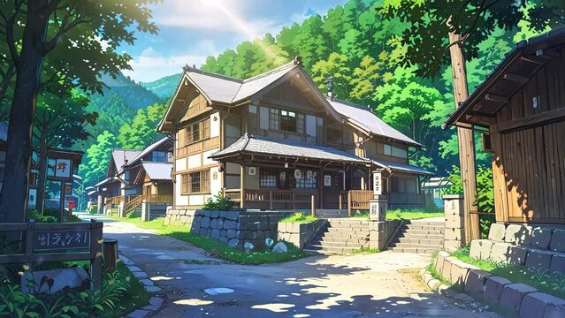 A anime video street in a Japanese village. There are traditional wooden houses on either side of the street, and trees and greenery line the street