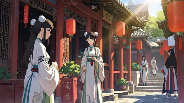 Two anime girls video in a traditional Chinese courtyard. The girl on the left is wearing a white dress with a green sash, and the girl on the right is wearing a white dress with a red sash