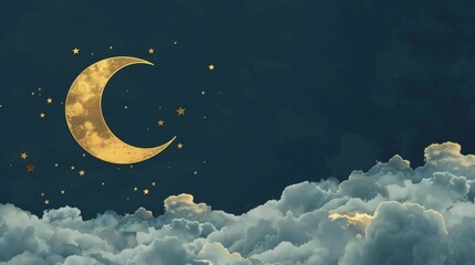 Gold half moon against dark cloudy blue background with ramadan kareem greeting card text, celebratory eid mubarak and eid al adha horizontal banner with copy space, holiday-themed cartoon design