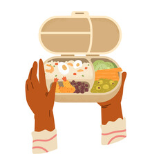 African American hands holding bento box with food vector illustration isolated on white. Hands holding food container with rice with shrimps and eggs, mushrooms, fruits and vegetables.