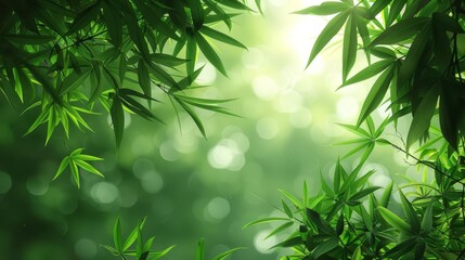 Obraz premium Sunlight filtering through lush green bamboo leaves creates a tranquil natural scene perfect for backgrounds and nature-themed projects.