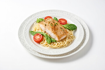 Close-up of a plate of pasta with grilled fish and tomato slices