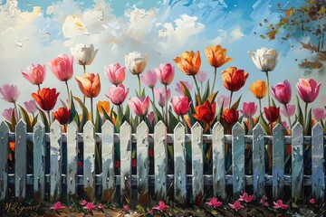 Vibrant tulips blooming behind a white picket fence under a bright blue sky, creating a beautiful, colorful garden scene. - Powered by Adobe