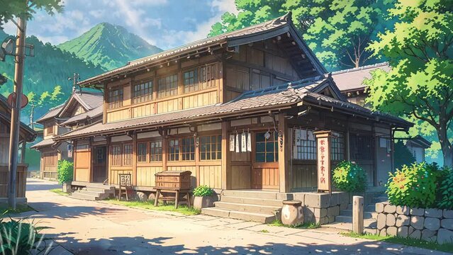 A traditional Japanese house with a dark brown wooden exterior and grey roof. It's surrounded by trees and mountains in the background