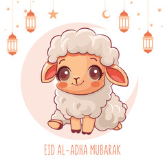 Eid Mubarak theme. Eid Al Adha festival. Greeting card for children with sacrificial sheep, moon and lanterns. Vector illustration