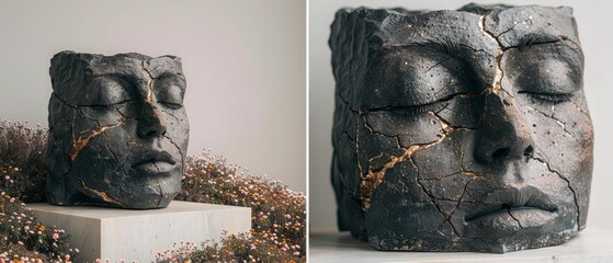 Close-up of a weathered, cracked stone sculpture of a human face with gold accents, resting on a pedestal. Surrounded by delicate flowers.