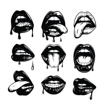 Black white collection diverse mouth expressions dripping liquid. Set sensual, biting, open mouths dripping lips various expressions shown. Artistic representation lips different states sultry