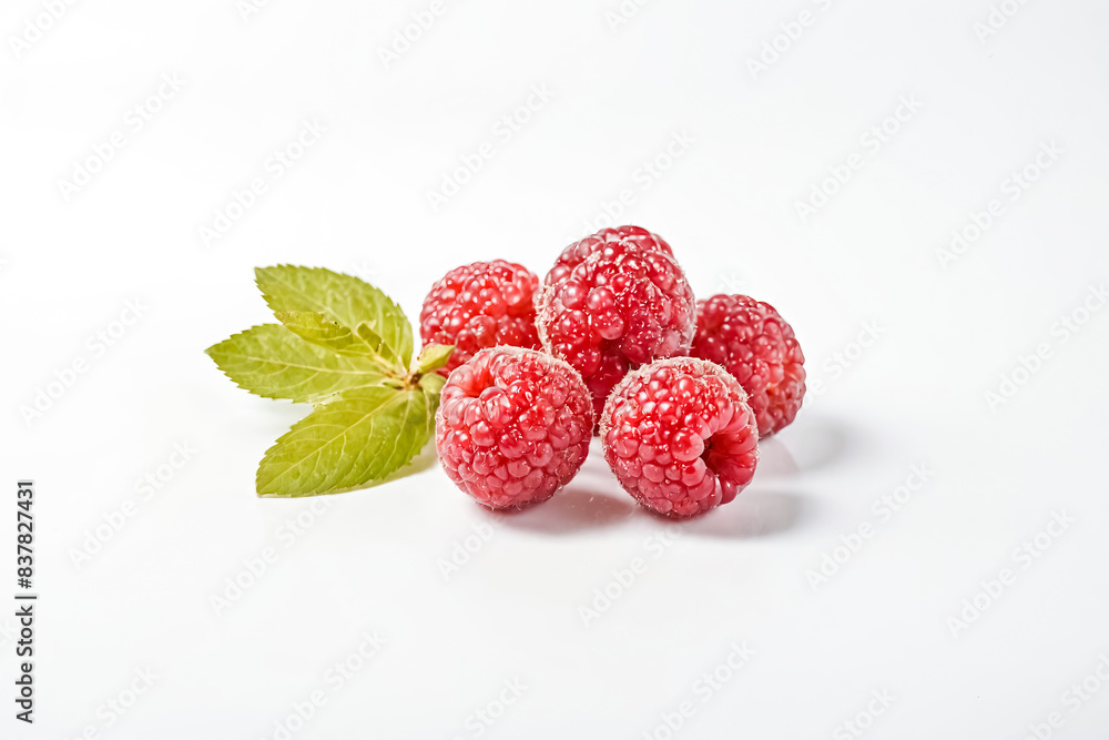 Canvas Prints Closeup of Fresh Raspberries with Green Leaf on White Background