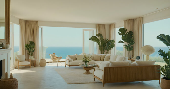 Modern interior design in an oceanside home featuring a bright airy living room