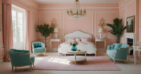 Serene and inviting bedroom with elegant furniture and pastel colors, creating a bright and airy atmosphere