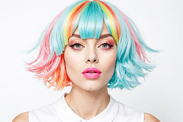 Fototapeta premium Woman with Multicolored Hairstyle and Pink Lips