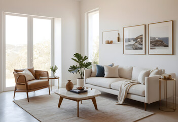 Minimalist living room flooded with natural light from the windows