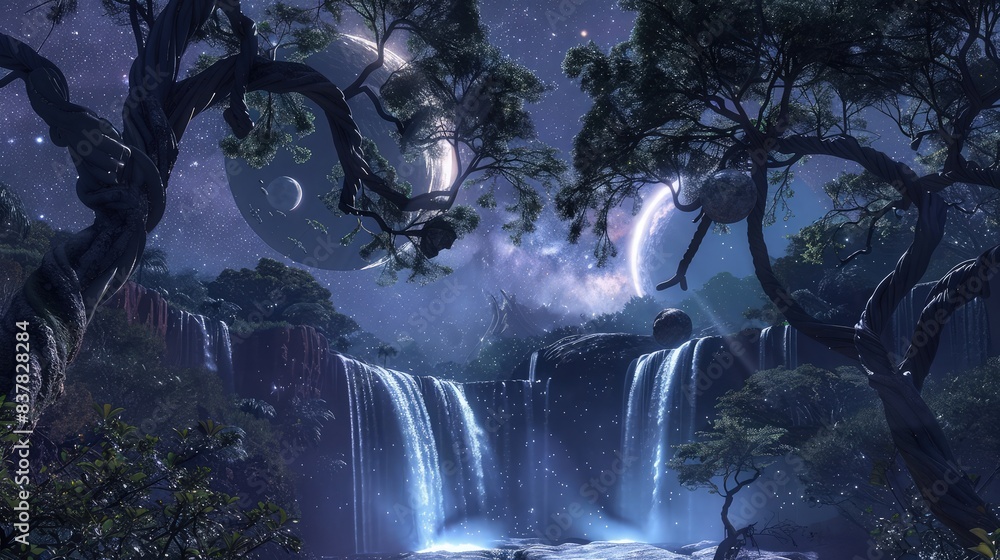 Poster discover a celestial haven with ancient tropical trees, illuminated by the ethereal glow of two moon