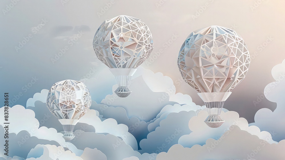 Poster gas balloons with intricate geometric patterns, floating gently among paper-cut clouds. the sky back