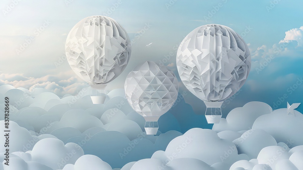 Poster gas balloons with intricate geometric patterns, floating gently among paper-cut clouds. the sky back