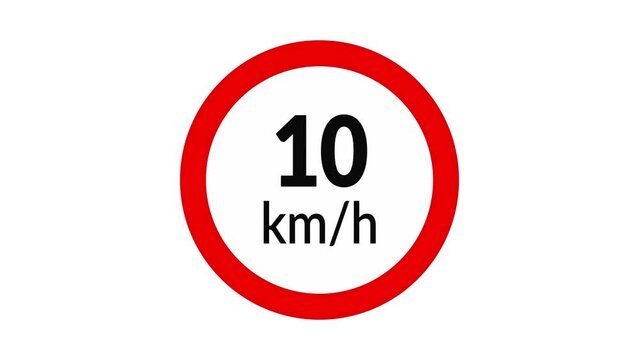 10 kmh speed limit road sign icon animation on white background