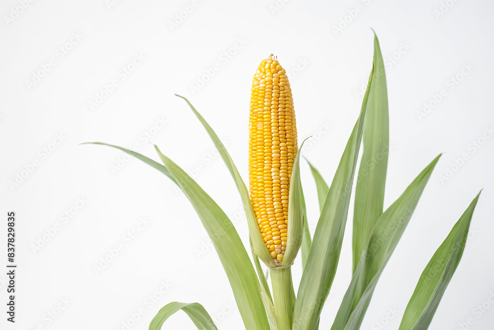 Wall mural Corn Cob with Green Husk on White Background