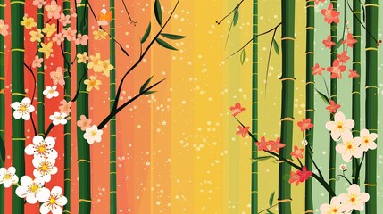 Beautiful nature background with bamboo stems and flower blossoms in vibrant gradient colors, evoking serenity and tranquility.