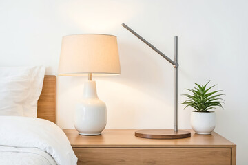 Modern Bedroom Nightstand with Lamp and Plant