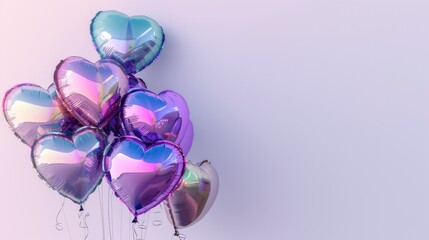 Fototapeta premium Vibrant Holographic Heart Balloons on Pastel Background