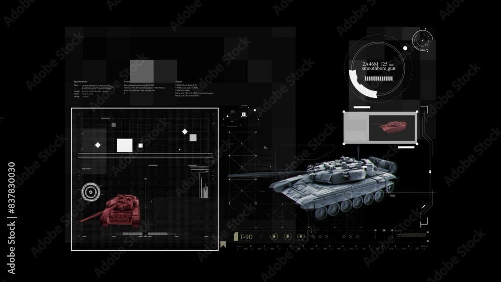 Poster holographic tank structure on hud interface screen with complex infographic elements. abstract and f