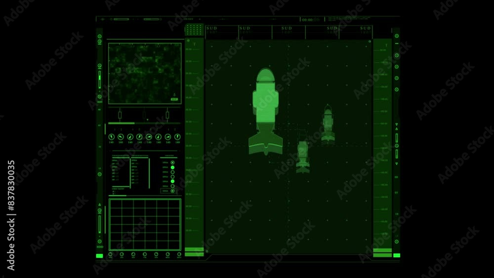 Poster holographic submarine weapon missiles on hud interface screen with complex infographic elements. abs