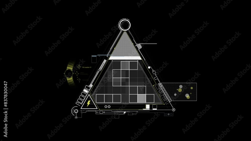 Poster geometric composition of triangles, circles and squares on black background. computer generated vfx
