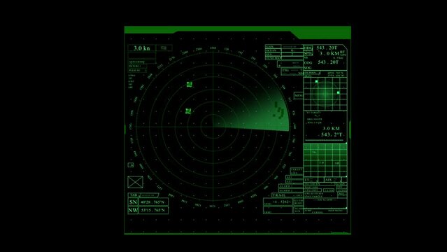 Scanning navigation radar or sonar green screen for submarines or ships. Computer graphic vfx