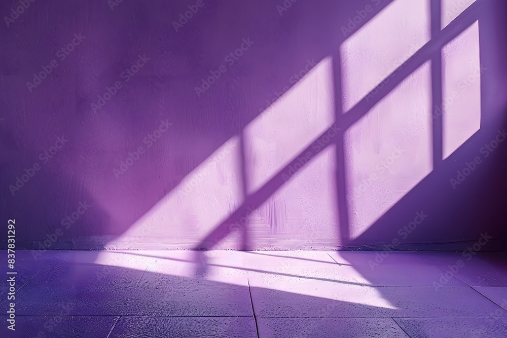 Poster 3d rendering of an empty room with purple wall and floor sunlight from window background for product