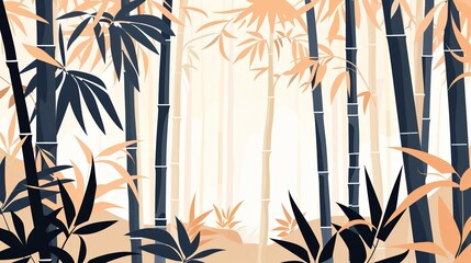 Abstract illustration of a tranquil bamboo forest with tall stalks, leaves, and soft lighting creating a serene atmosphere.