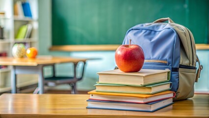 Back to school and happy time! Apple, pile of books and backpack on the desk at the elementary school.