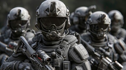 Fototapeta premium Elite special Operation military soldiers equipped with battle armor and a advanced assault rifle. 3d rendering